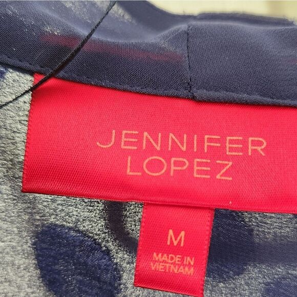 JLO Shimmering Crossover top Polka Dot Blue Long Sleeves Drape Front Blouse Sz L - Picture 9 of 10